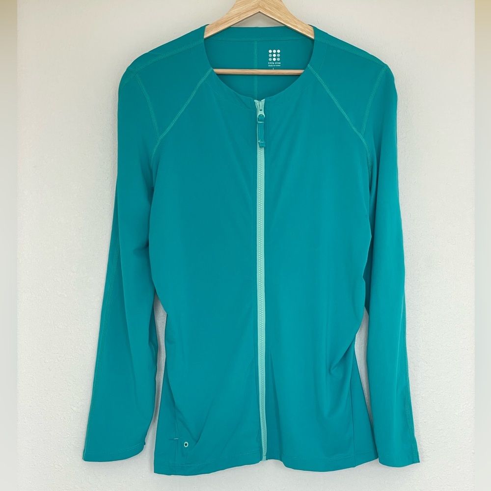 Title nine Zip Up Track Jacket Ruched Sides Women’s Large Turquoise Outdoor Gear